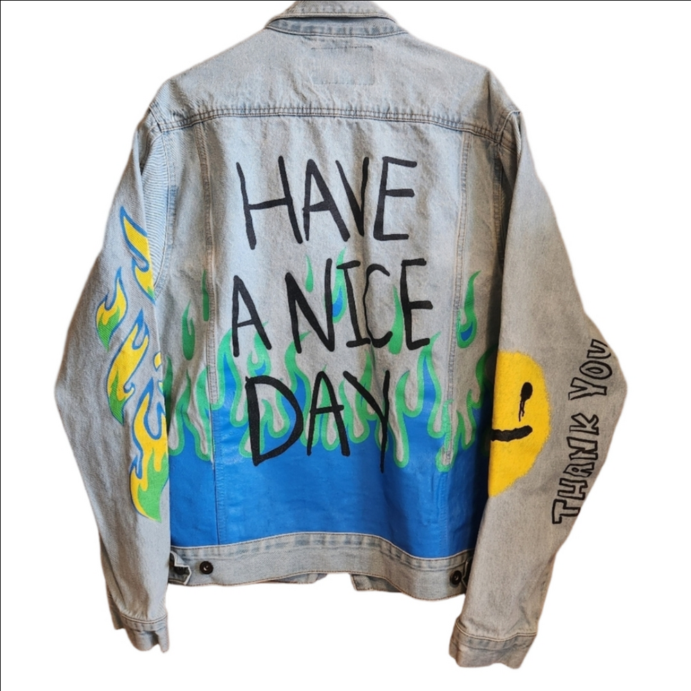 Brooklyn Cloth Graffiti "Have A Nice Day Unisex Denim Jacket Large NWOT